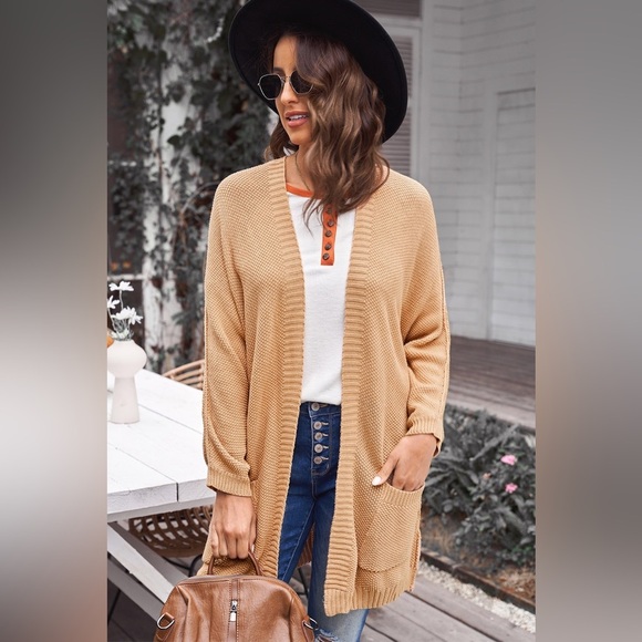 Exposed Seam Open Front Longline Cardigan with Pockets Mustard - Picture 1 of 4